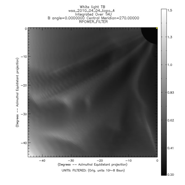 Figure 2: Total brightness image (with a radial filter applied) generated from a detailed
									model of the solar wind.